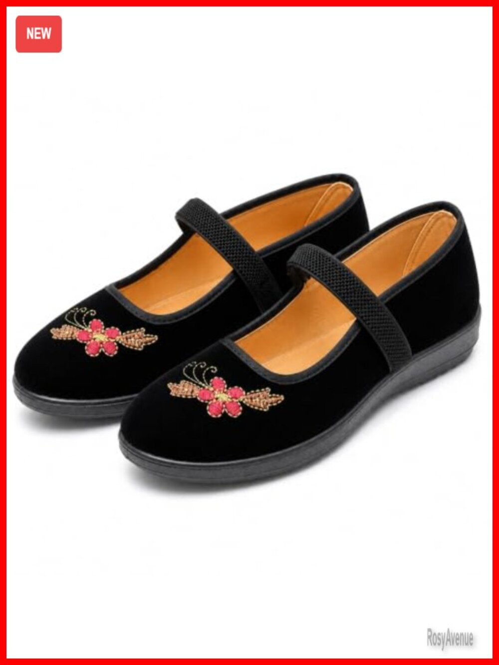 Women's Velvet Mary Jane Flats Embroidered Ballet Dance Yoga Shoes